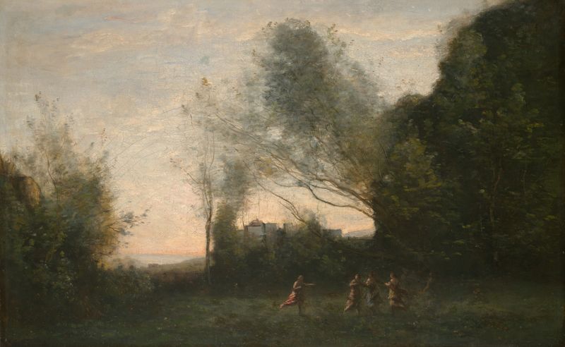 La Danza de las Ninfas de Jean-Baptiste-Camille Corot, pintura al óleo que muestra ninfas bailando en la naturaleza.