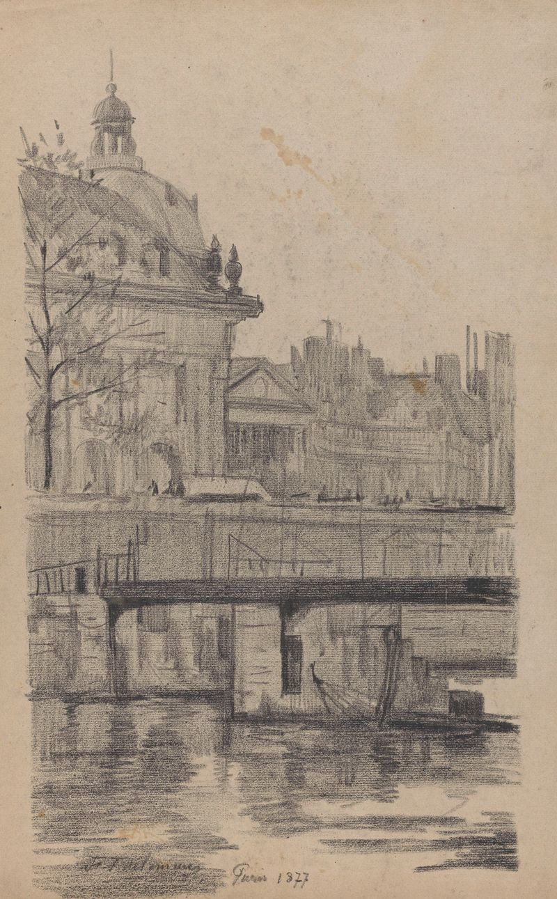 Landscape of the Seine river with buildings, oil painting by Jean-François Taelemans