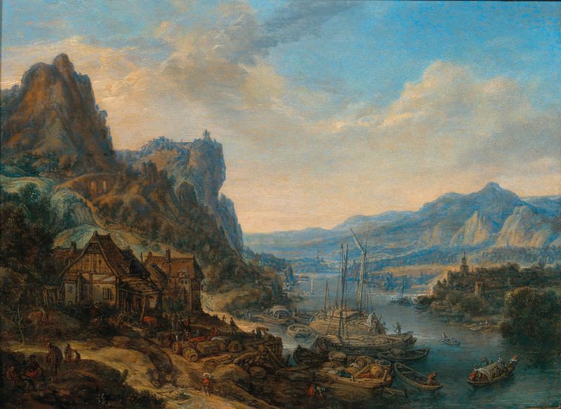 A Rhenish river landscape with trading vessels by Herman Saftleven, oil painting
