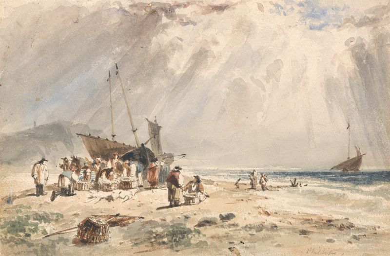 Escena marina que representa un mercado de pescado en la playa de Giles Firman Phillips, Impresionismo