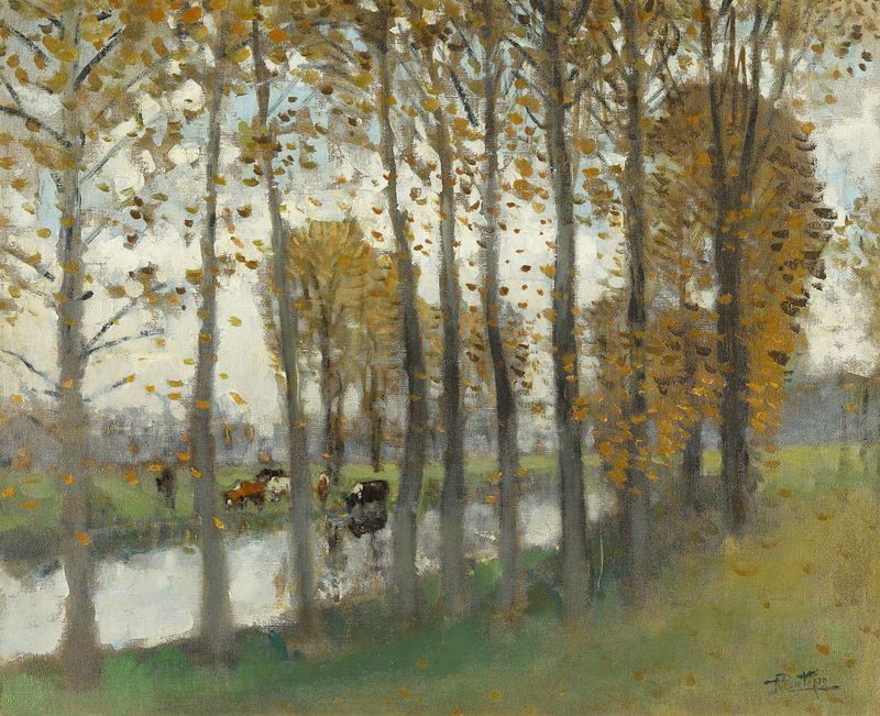Escena de bosque con tonos vibrantes de Pierre-Eugène Montézin, pintura al óleo