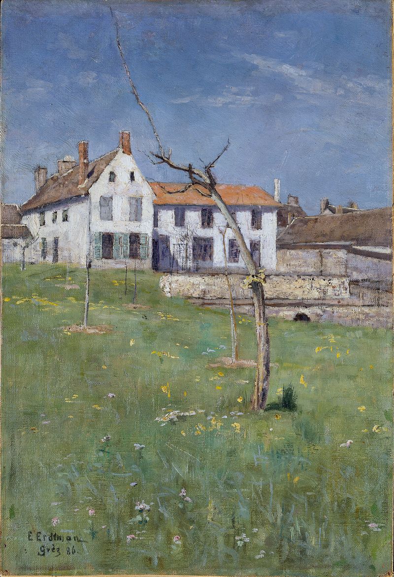 The Laurent Boarding House, Grez-sur-Loing by Elias Erdtman, oil painting depicting sunlight and tree branches.