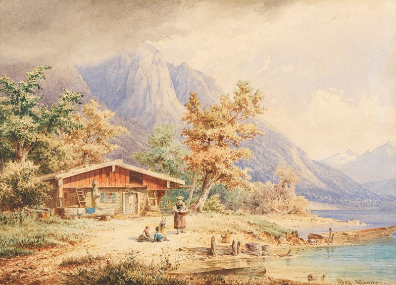 Paisaje de una cabaña junto a un lago, pintado por Anton Doll