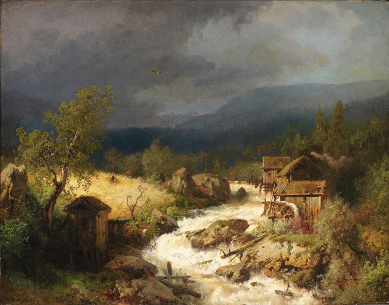 Mill on a Torrent by Hermann Ottomar Herzog, oil on canvas depicting a river and a forest