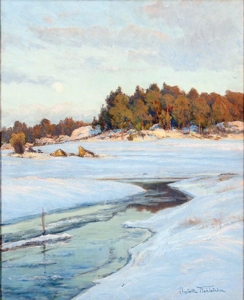 Paisagem representando o crepúsculo com uma figura solitária em cores suaves de Charlotte Wahlström, Impressionismo