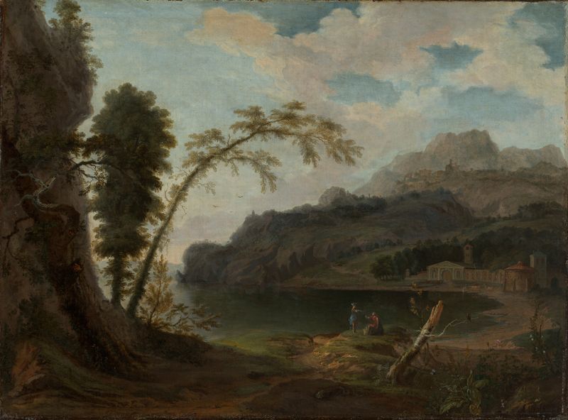 Italienische Landschaft mit mythologischer Staffage, pintura a óleo de Jan van Nickelen representando uma paisagem serena ...