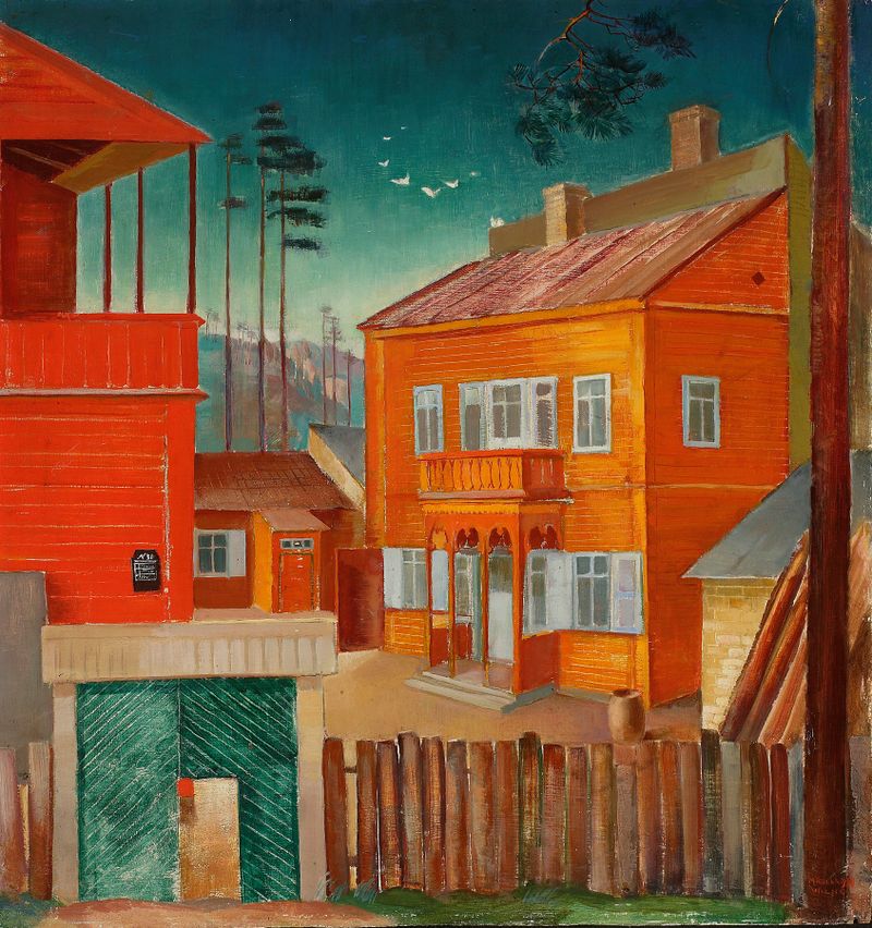Paisagem expressionista com pequenas casas vermelhas de Michał Rouba