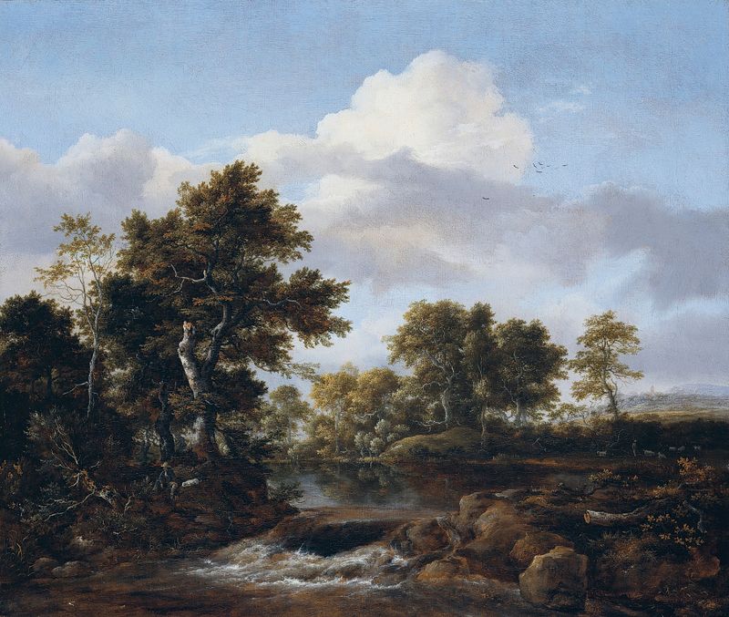 Paisagem arborizada com um riacho, óleo sobre tela de Jacob van Ruisdael