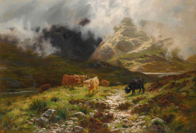Landscape oil painting by Louis Bosworth Hurt depicting hills and a dramatic sky