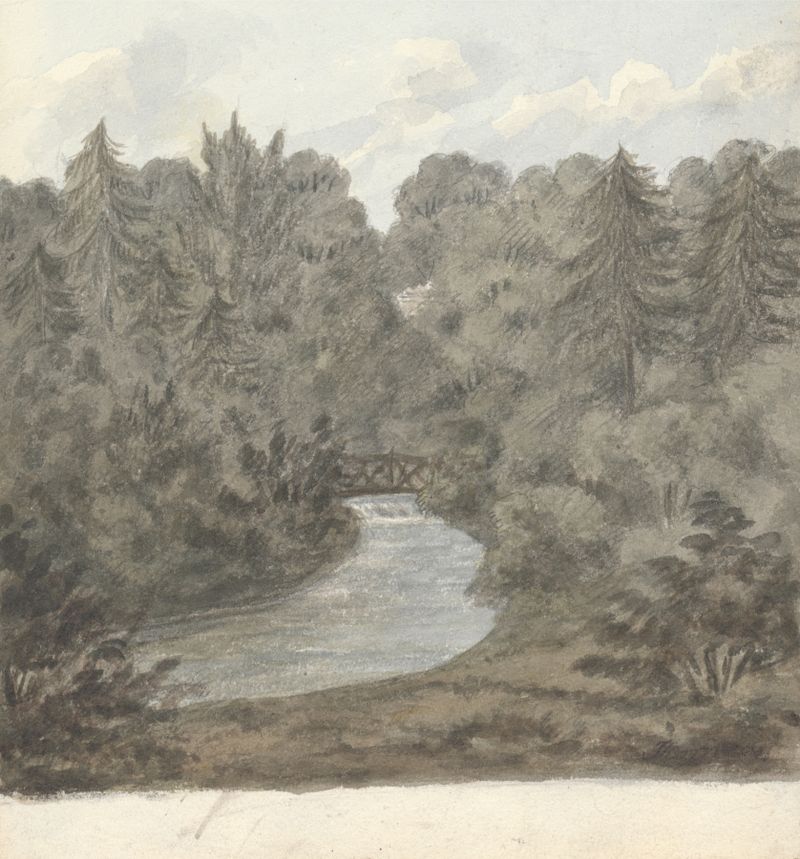 Thornery Pool, Sezincote by Anne Rushout, watercolor on paper depicting a tranquil pool and surrounding flora.