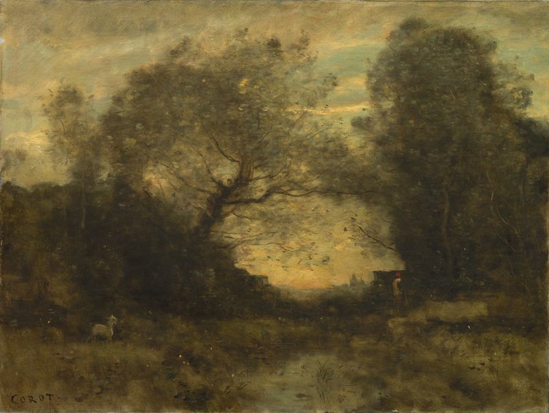 Paisagem com um lago e árvores, pintura a óleo de Jean-Baptiste-Camille Corot