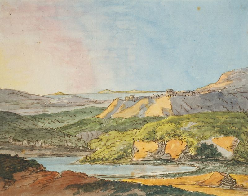 Landscape featuring wooded hills and water, oil painting by Johann Wolfgang Von Goethe