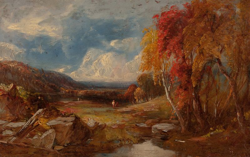 Oil painting by William M. Hart depicting rolling hills and dappled light.