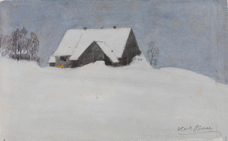 Winterlandschaft by Karl Biese, oil on canvas, depicting a serene winter landscape with snow-covered hills.