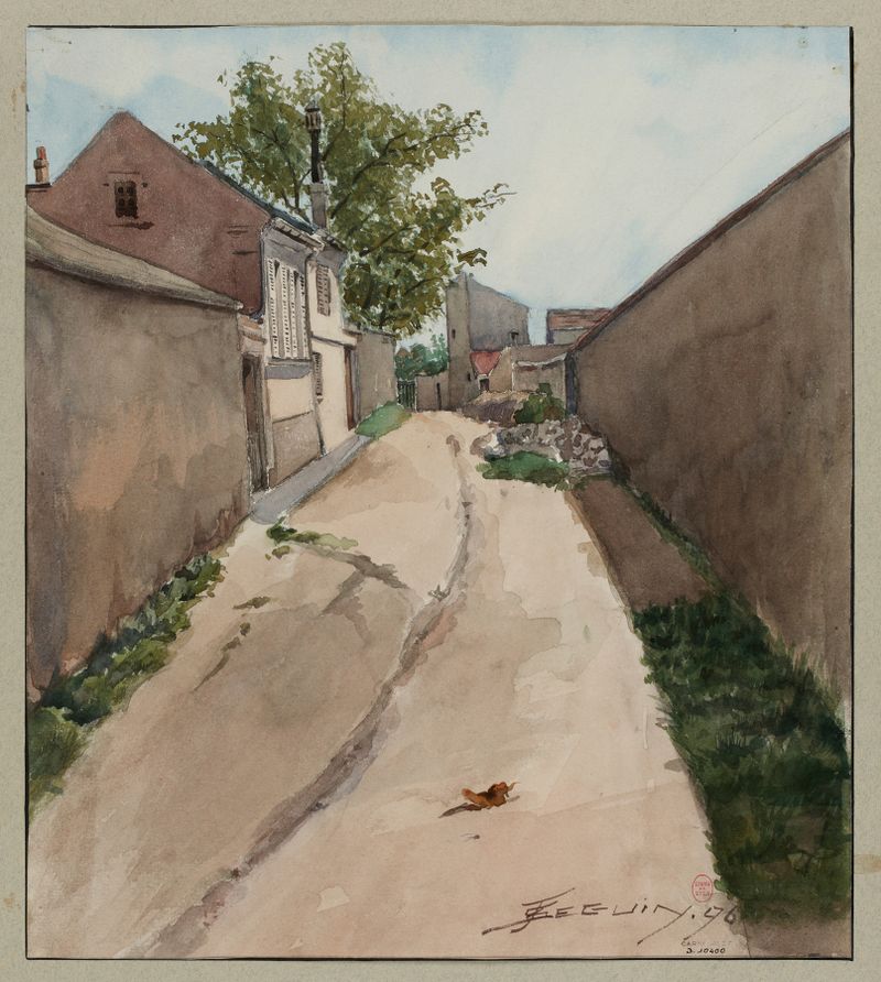 Rue Lhuillier de F. Séguin, impressionismo, retratando uma cena de rua ensolarada