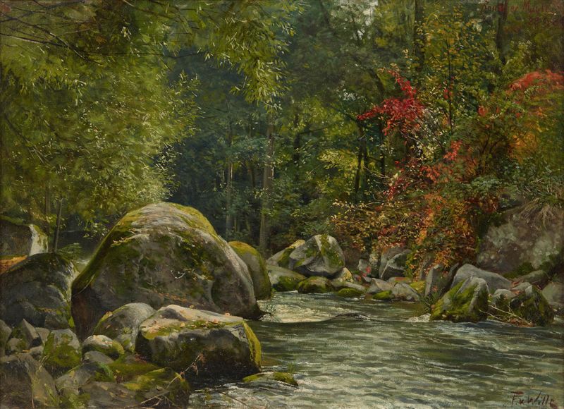 Paisagem impressionista com figuras à beira de um rio, óleo de Fritz Von Wille
