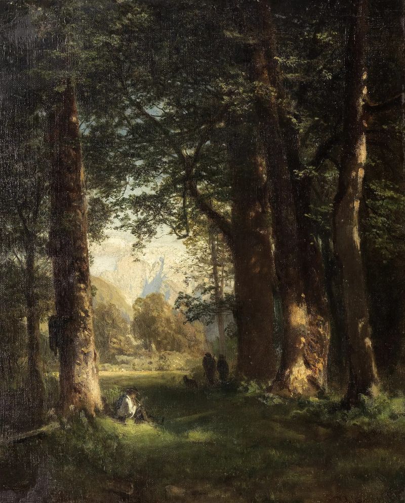 Landscape with figures and mountains, oil painting by Robert Russ