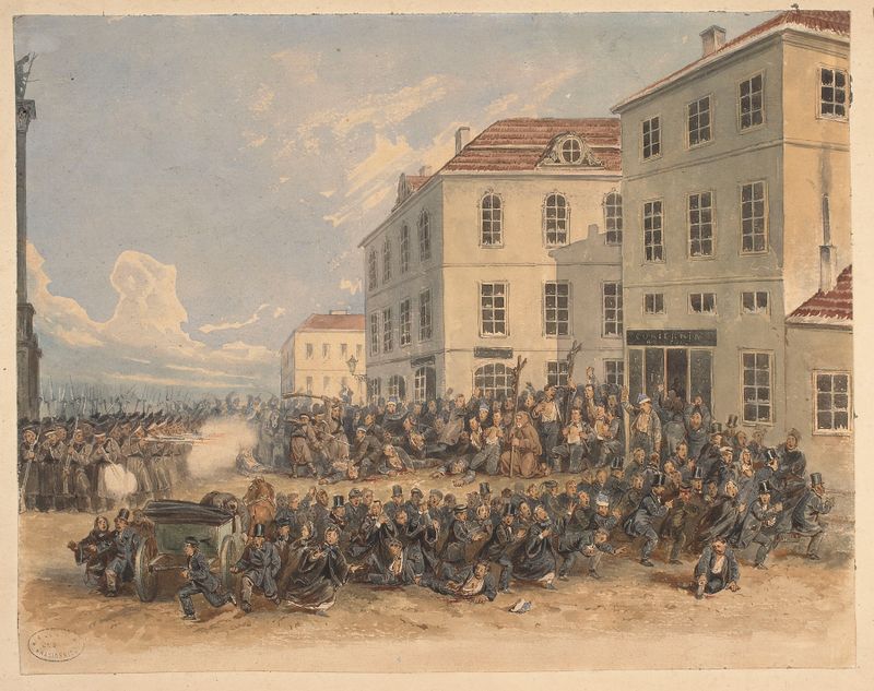 Historical scene depicting a crowd in Warsaw, oil painting by Adrian Głębocki