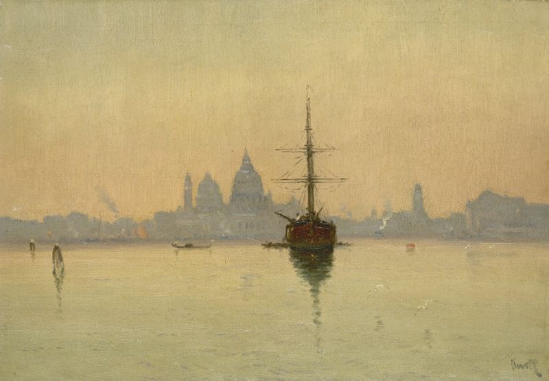 Impressionist landscape by Marie-Joseph-Leon Clavel, depicting a Venetian canal with reflections.