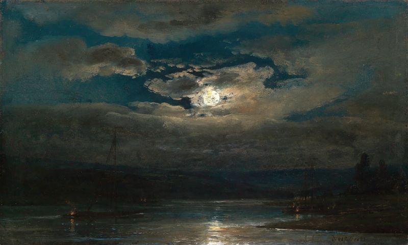 Paisaje iluminado por la luna con río, pintura al óleo de Johan Christian Dahl