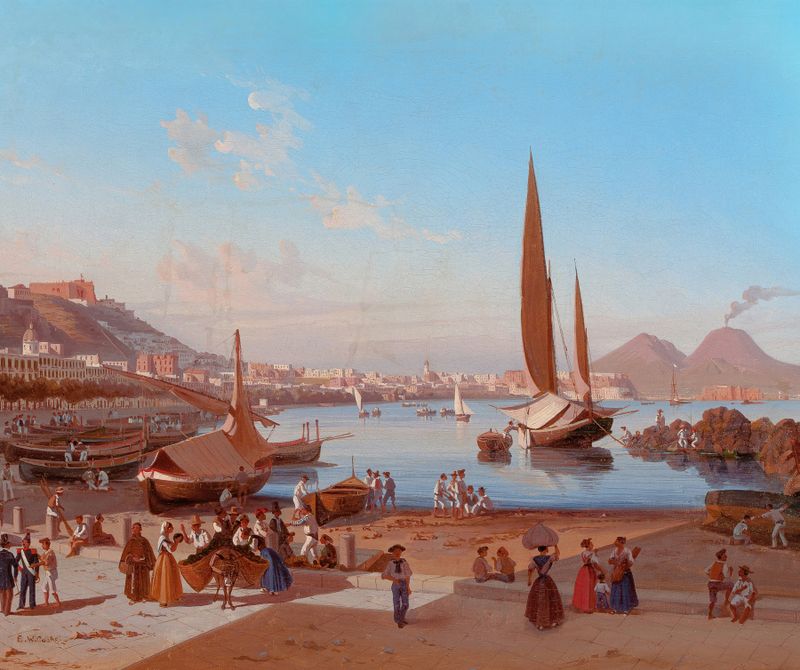 Oil painting by Edward William Cooke depicting Naples with Vesuvius in the background.