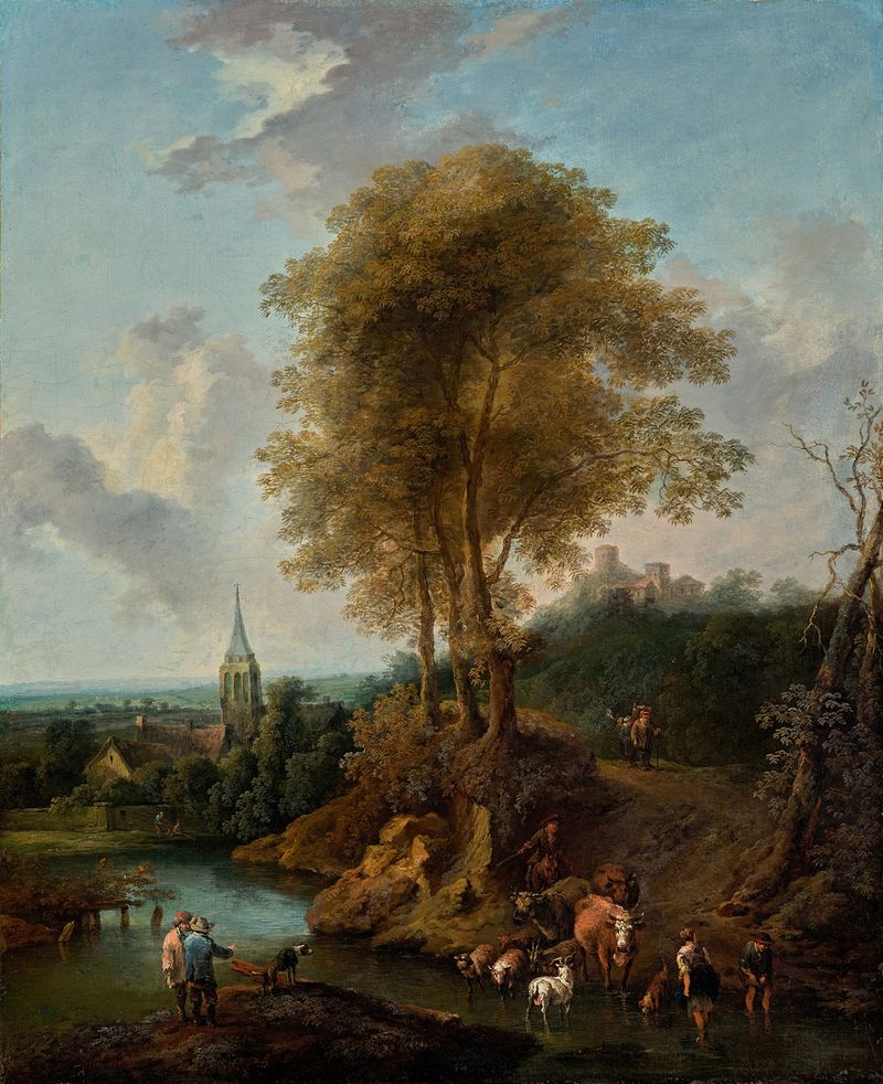 Landschaft mit drei Bäumen und Kirche by Christian Hilfgott Brand, Baroque, depicting a church and trees in a landscape.
