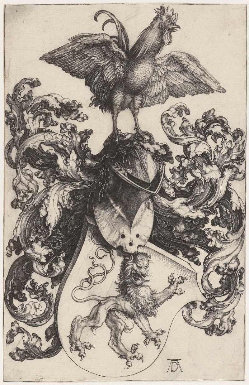 Gravura Wapenschild met haan de Albrecht Dürer mostrando um galo em um escudo