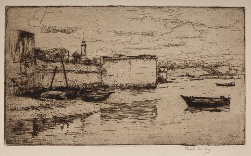 City Walls in Concarneau, óleo sobre lienzo de Józef Pankiewicz, que representa fortificaciones costeras.