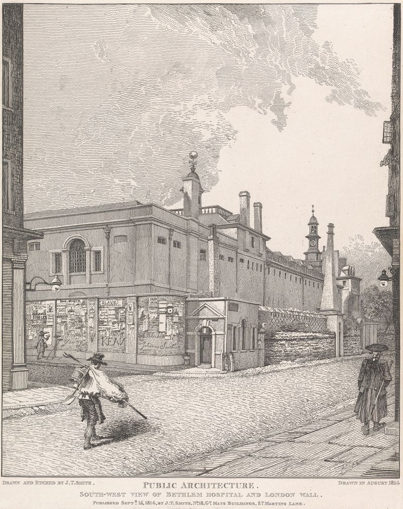 Engraving by John Thomas Smith showing Bethlem Hospital and London Wall
