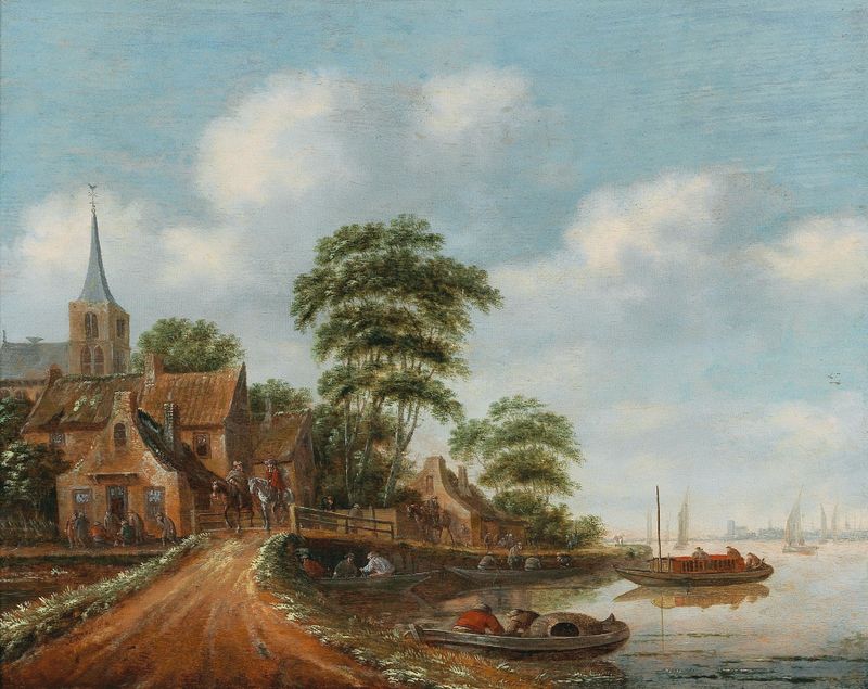 A village on the banks of a river de Thomas Heeremans, pintura al óleo que muestra casas junto al río resplandeciente.