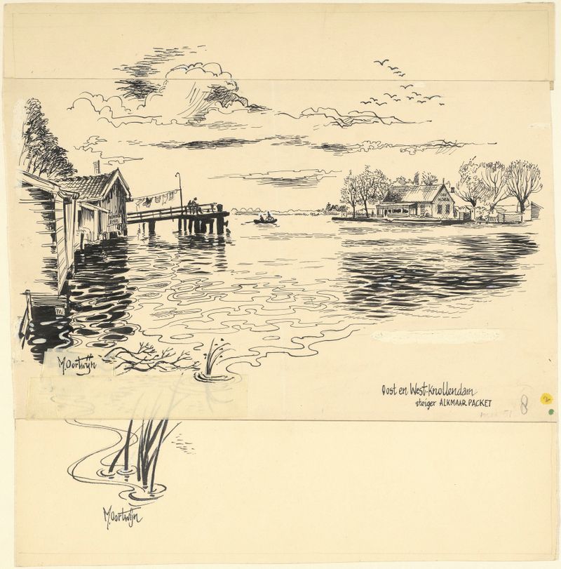 Pintura a óleo de paisagem de Maarten Oortwijn mostrando um rio com barcos e uma vila.