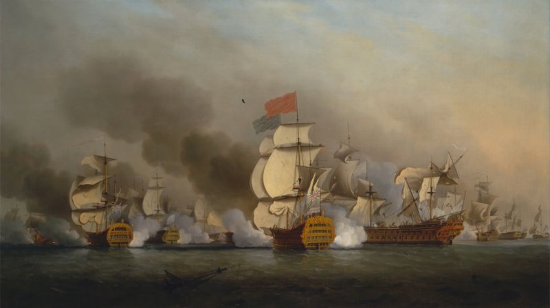 Rococo oil painting by Samuel Scott depicting naval battle with ships in the ocean.