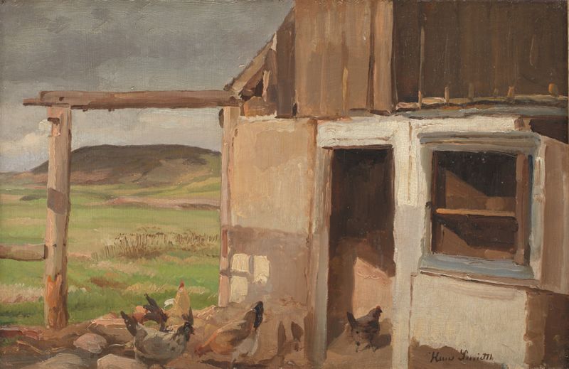 Hus med hønsegård by Hans Smidth, oil on canvas depicting a farmhouse and hen yard