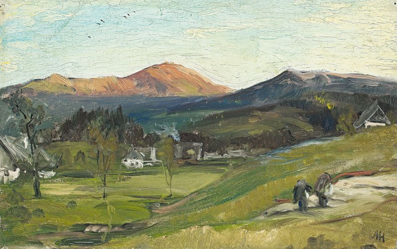 Paisaje con montañas y bosques, pintura al óleo de Albert Hertel