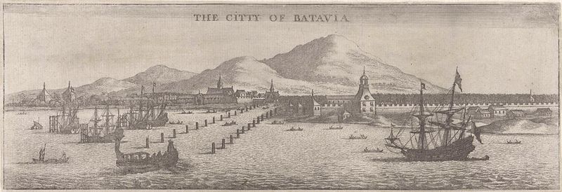 Gezicht op Batavia, gravura de Wenceslaus Hollar, retratando navios em um porto movimentado.