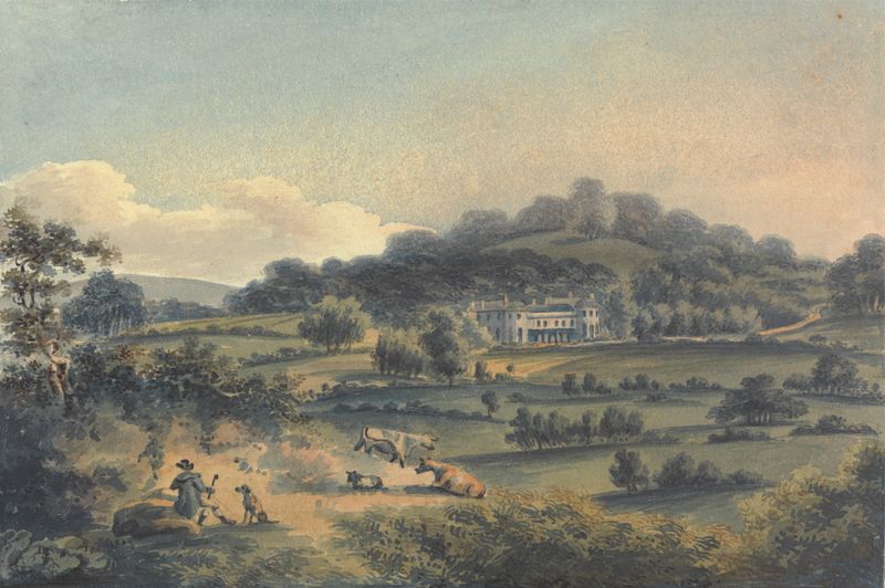 Watercolour by John Hassell depicting a villa surrounded by nature