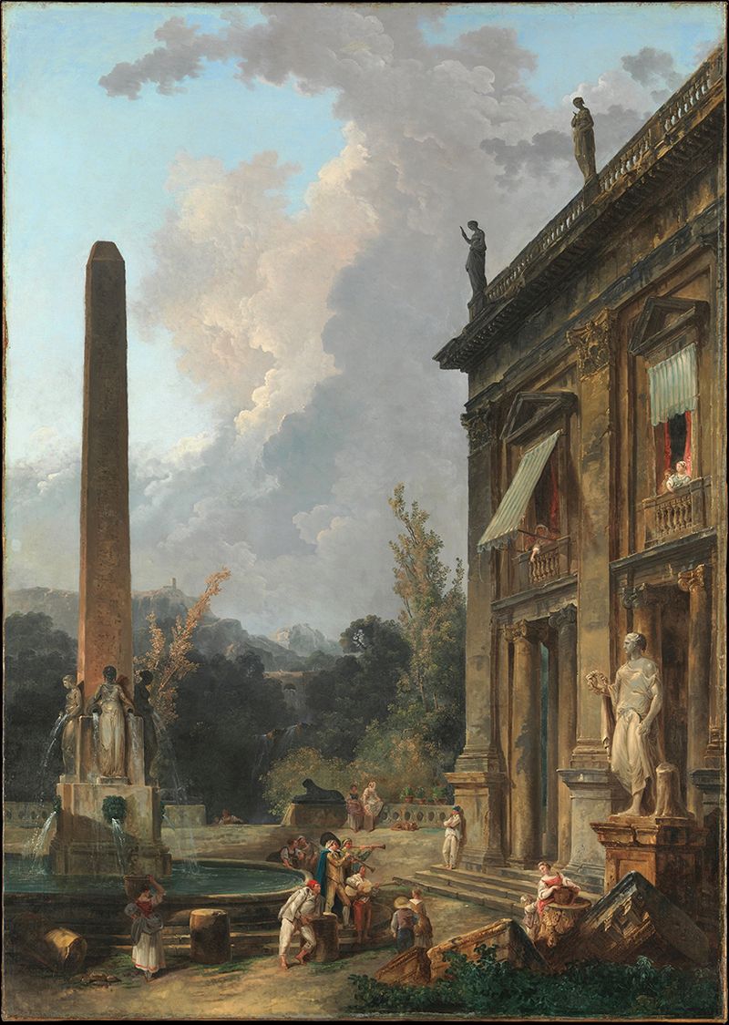 Wandering Minstrels de Hubert Robert, óleo sobre lienzo que representa músicos en un momento de introspección.