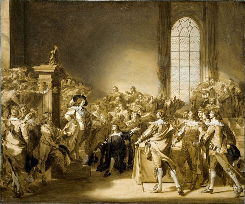 Historical oil painting by John Singleton Copley depicting King Charles I in a tense moment.