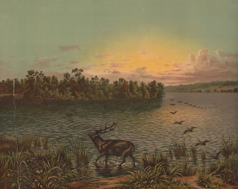 Sunrise on Lake Chautauqua lithograph by Krebs Lith. Co, depicting a tranquil lake at dawn.