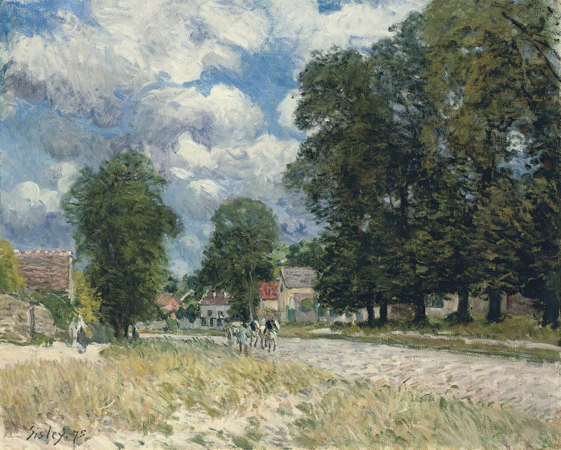 Paisagem com uma estrada sinuosa e árvores, pintura a óleo de Alfred Sisley