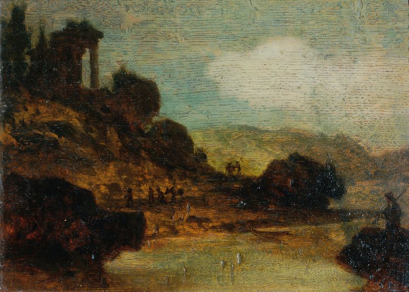 Landschaft mit Ruine de Joseph Hasslwander, óleo sobre lienzo que muestra ruinas en luz dorada.