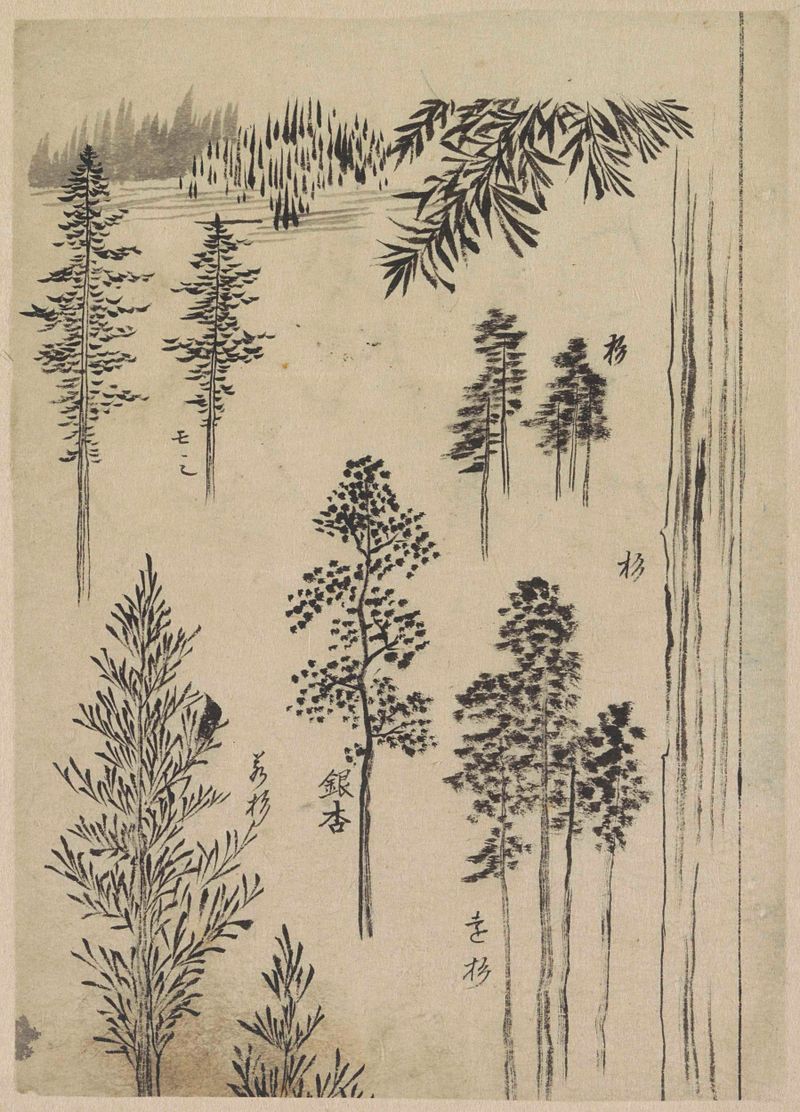 Landschap met bomen de Katsushika Hokusai, tinta sobre papel mostrando árvores e nuvens em espiral