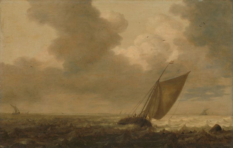 Fishing boat with sails billowing in the wind, oil painting by Pieter Mulier the Elder