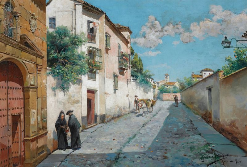 Calle En Granada de Manuel García y Rodríguez, óleo sobre lienzo que muestra una calle tranquila con edificios texturizados.