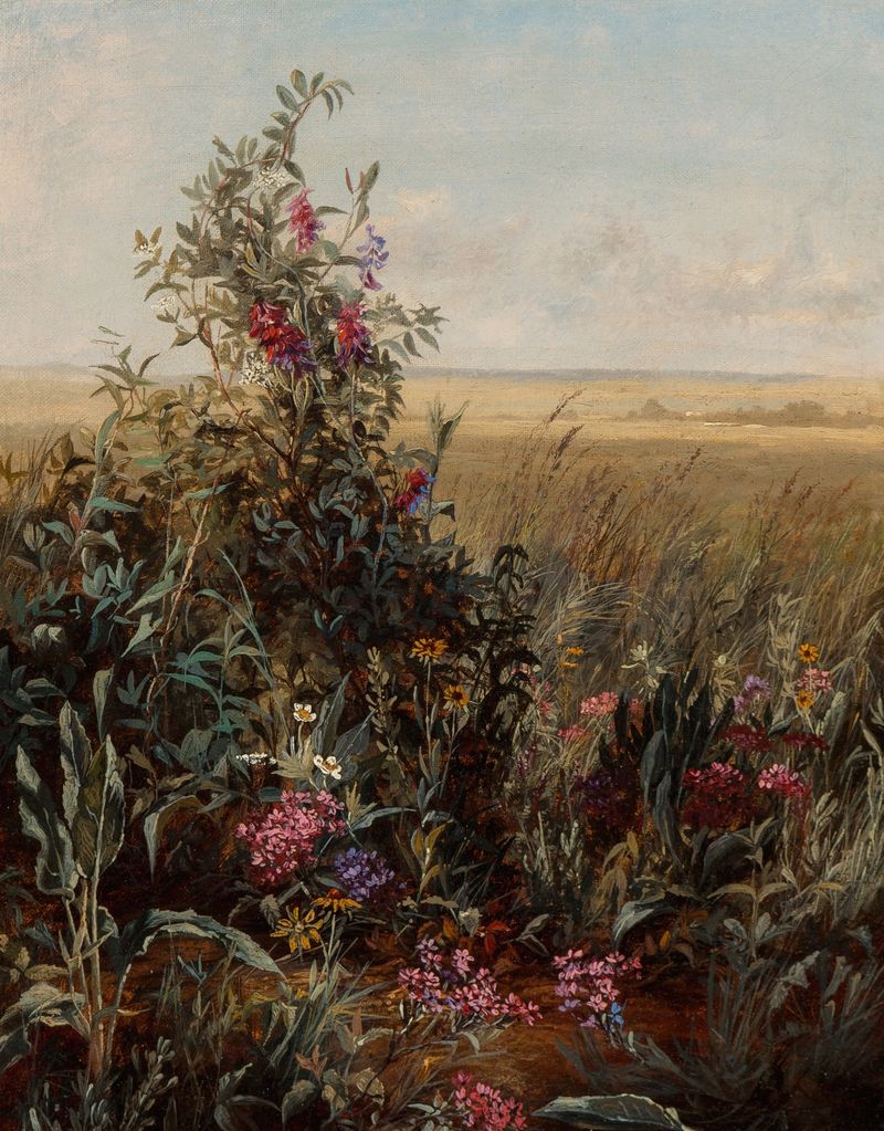 Wild Flowers by Jerome Thompson, oil on canvas, depicting vibrant flowers in nature