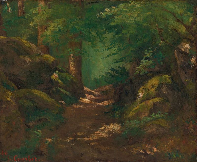 La Clairière de Gustave Courbet, óleo de un sereno claro forestal con luz filtrada.