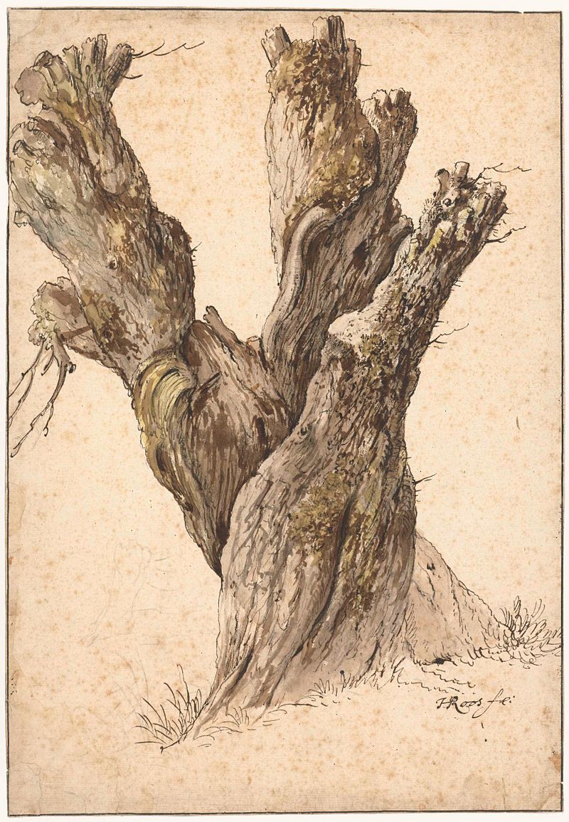 Landscape featuring a willow tree with sunlight filtering through leaves, oil painting by Johann Heinrich Roos