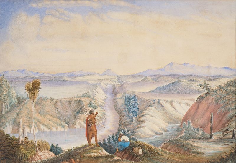 Pintura al óleo de Gustavus von Tempsky que representa la unión del arroyo Karapiro y el río Waikato