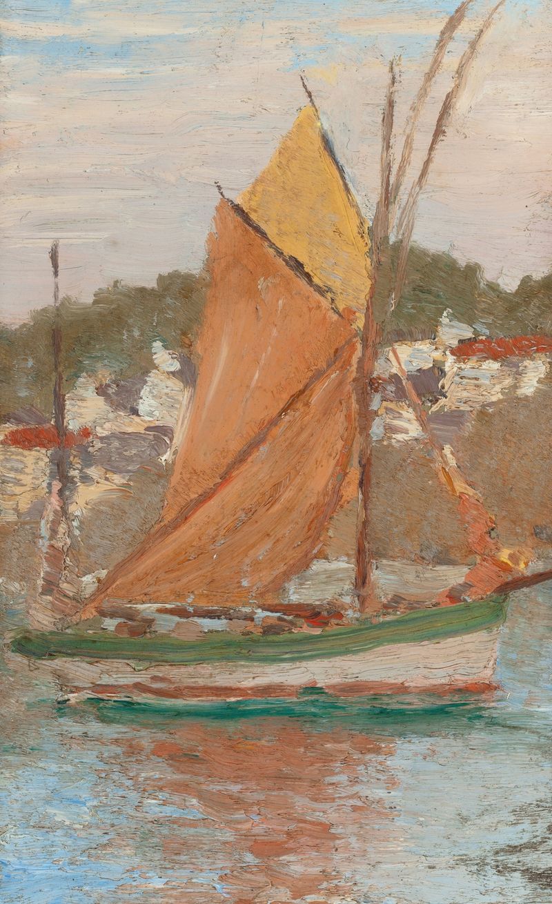 Fishing sloop sailing through waves, oil on canvas by Edward Emerson Simmons
