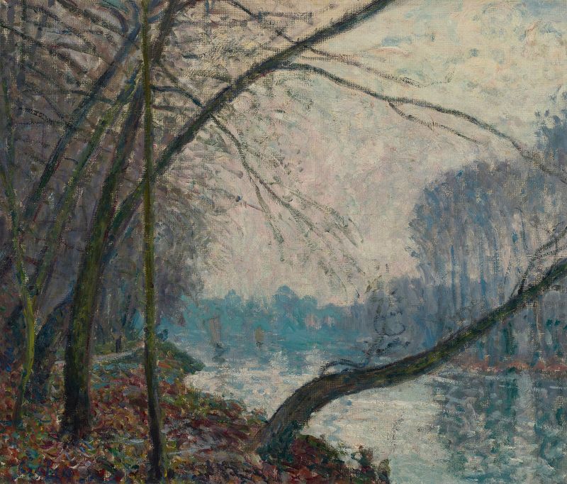 Paisaje de Alfred Sisley, que representa un río y reflejos de otoño, pintura al óleo
